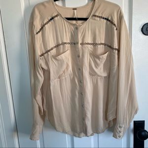 Free People Cream Ring Embroidered Button Down